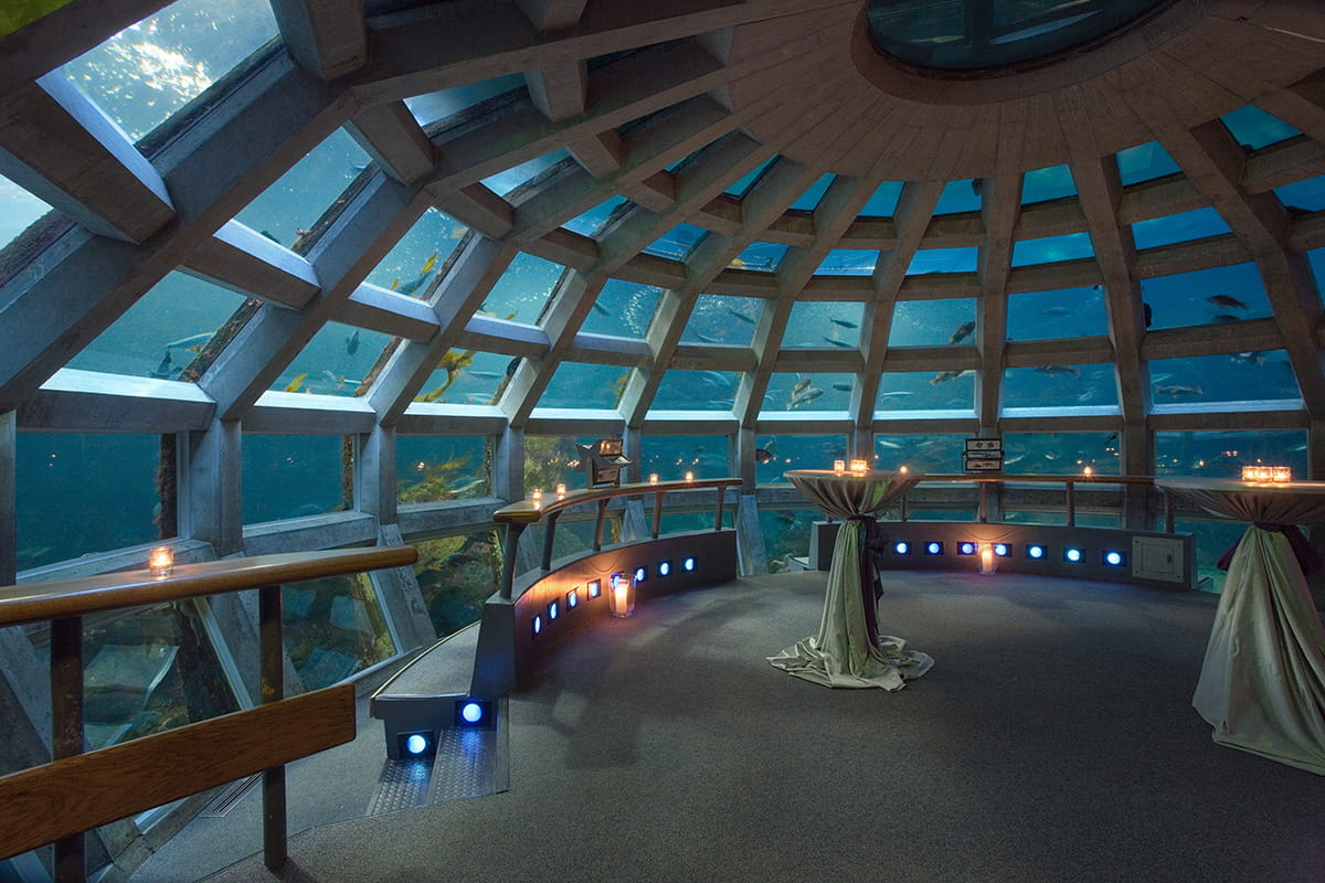 The Underwater Dome at the Seattle Aquarium set up for a private event with decorated tables.