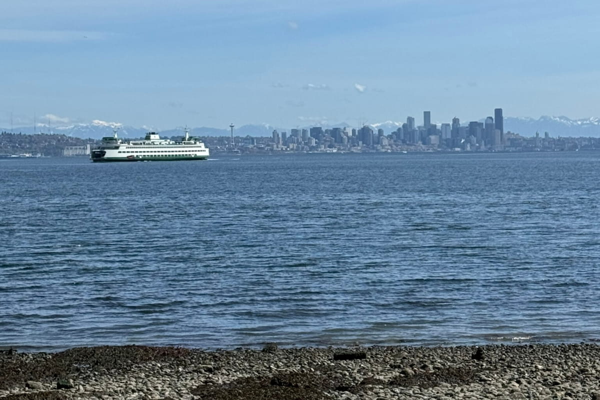 The Seattle skyline and WSDOT ferry from the shores of Rockaway Beach.